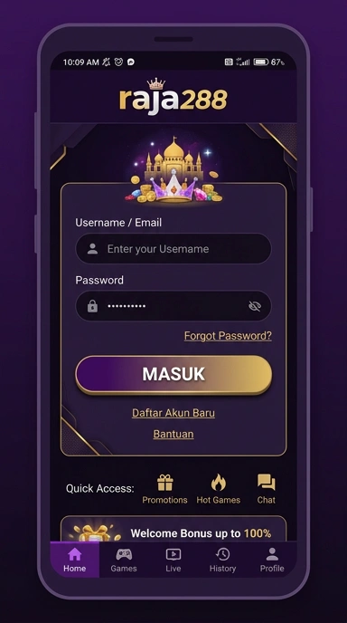 Tampilan halaman login raja288